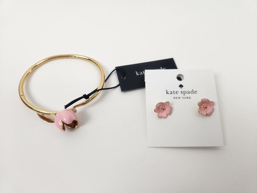 Kate Spade Golden Bloom Bangle Bracelet and Stud Earrings in Pink NWT Gold Tone